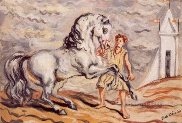 giorgio de chirico caballo desbocado con mozo de cuadra y pabellón Pinturas al óleo